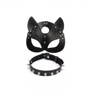 Antifaz y Collar Gato Cuero Sintético