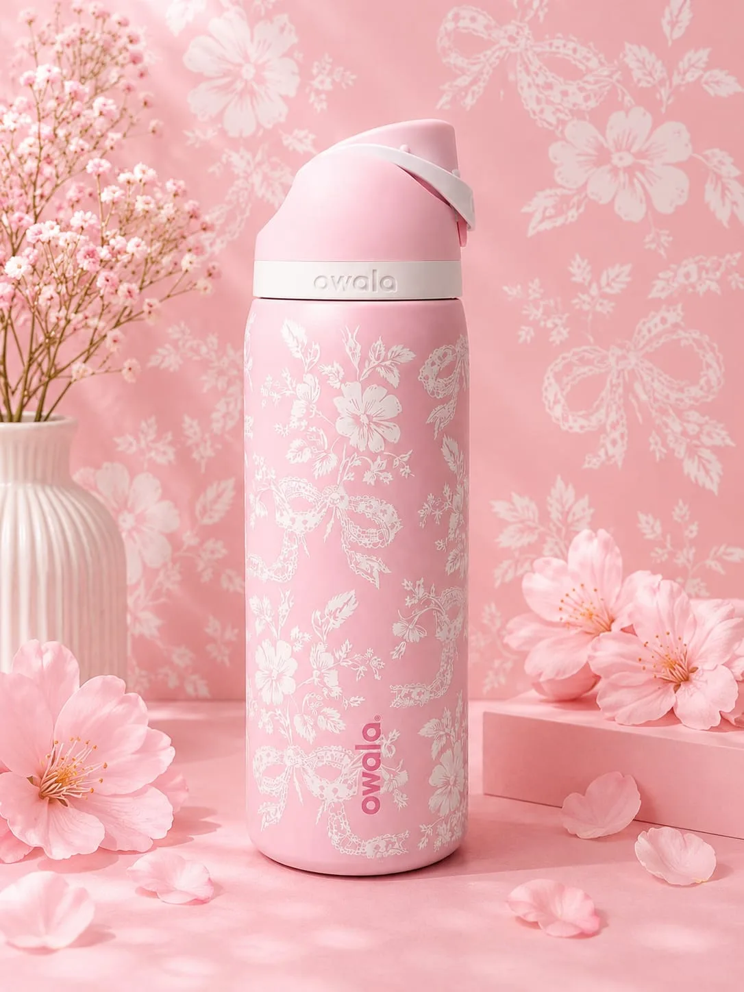 Botella Tipo Owala Ribbon Toile, Rosa (24oz, 32oz) ✦ Bajo pedido - Imagen 3