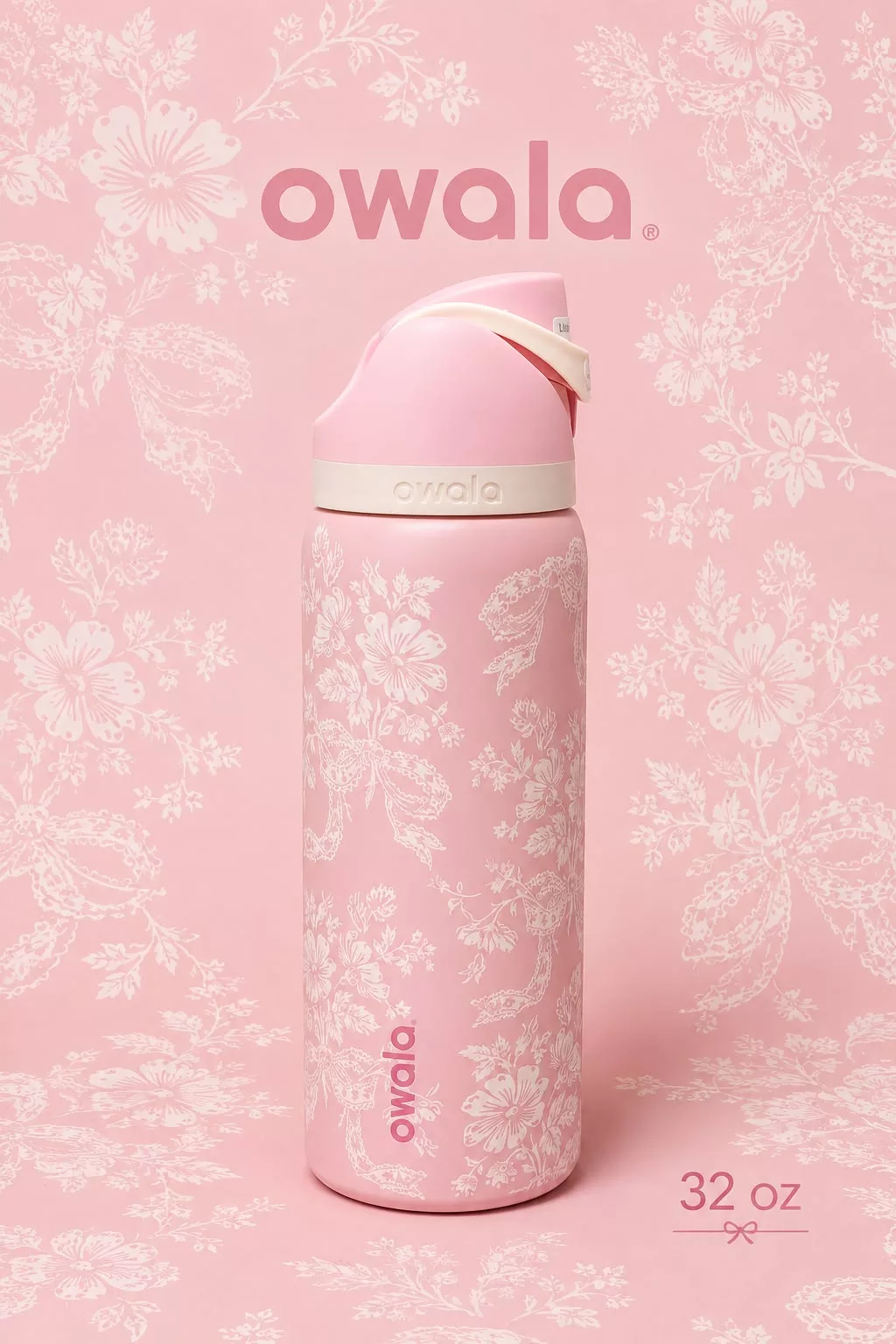 Botella Tipo Owala Rosa/Flores, Pink Ribbon Toile (24oz, 32oz) ✦ Bajo pedido