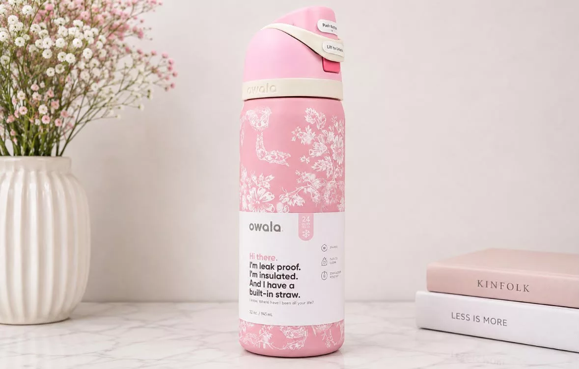 Botella Tipo Owala Rosa/Flores, Pink Ribbon Toile (24oz, 32oz) ✦ Bajo pedido - Imagen 2